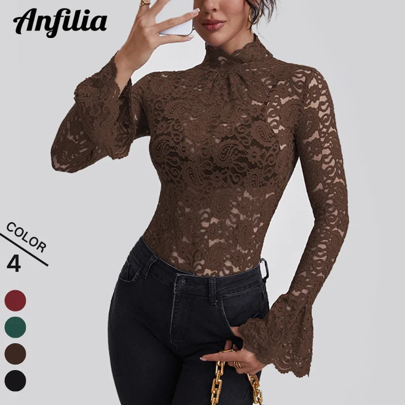 Anfilia Women Lace Shirts Turtle Neck Elegant Flare Long Sleeves Hollow Out Slim-fit Crochet Sexy Blouse